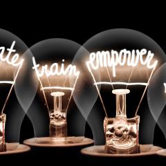 lightbulbs with the words educate, train, empower, reward lighting up inside each.